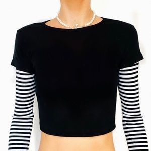 Brandy Melville black tee with striped sleeves